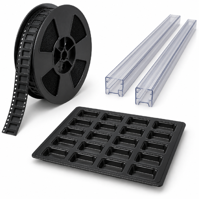 Solution d'emballage configurable pour composants électroniques ESD avec options de porte-tubes IC, bobine en plastique et plateau blister pour le stockage et le transport